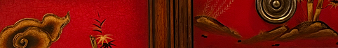 Red and gold Chinese-style artwork featuring a cloud motif, bamboo, a circular ornament, and a rocky landscape separated by a wooden panel