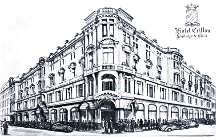Black-and-white illustration of an ornate three-story corner building with arched storefronts and vintage cars