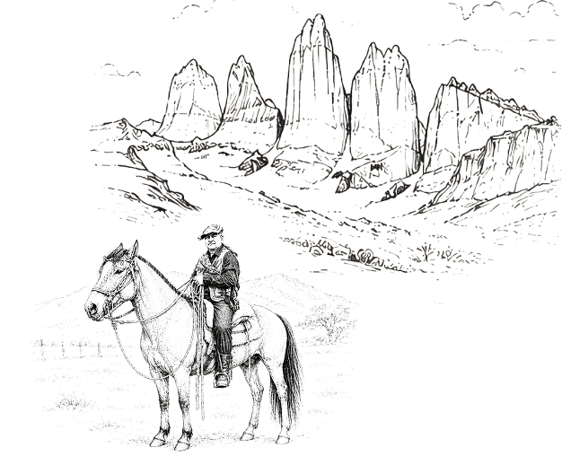 the-singular-patagonia-left Line drawing of a cowboy on horseback before dramatic rock spires in a rugged desert landscape