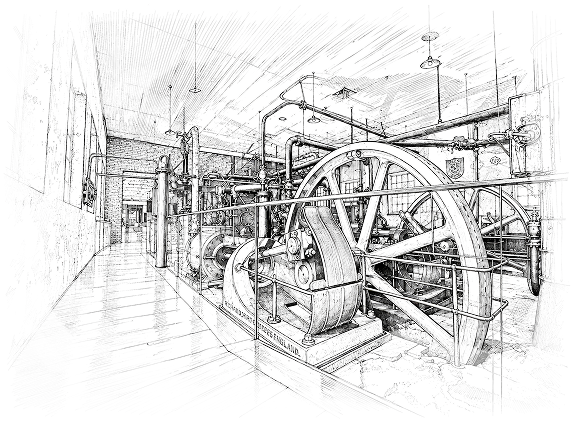 the-singular-patagonia-right Black-and-white point cloud scan of an industrial mill interior with large machinery, a wheel, pipes, and overhead beams.