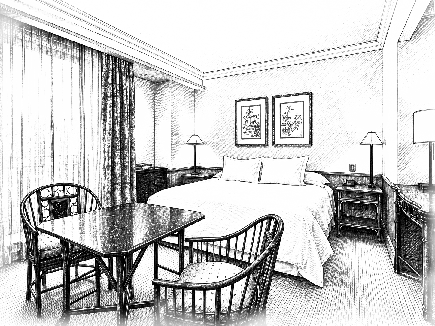 Black-and-white illustration of an elegant hotel bedroom with a large bed, writing table, chairs, lamps, and curtained windows.