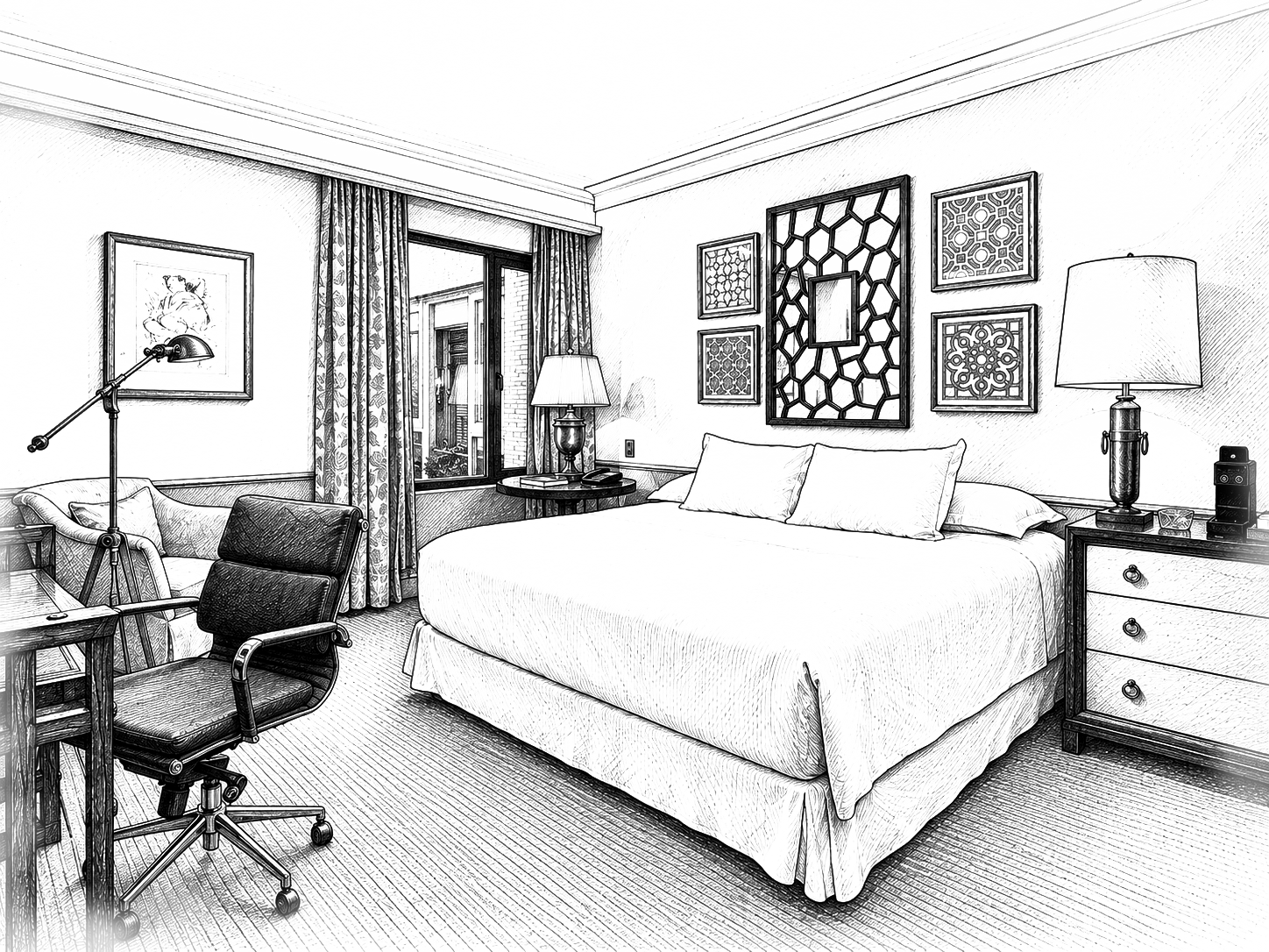 THE LASTARRIA ROOM_lastarriailust Black-and-white illustration of a hotel bedroom with a king bed, patterned wall art, lamps, a desk, and an office chair.