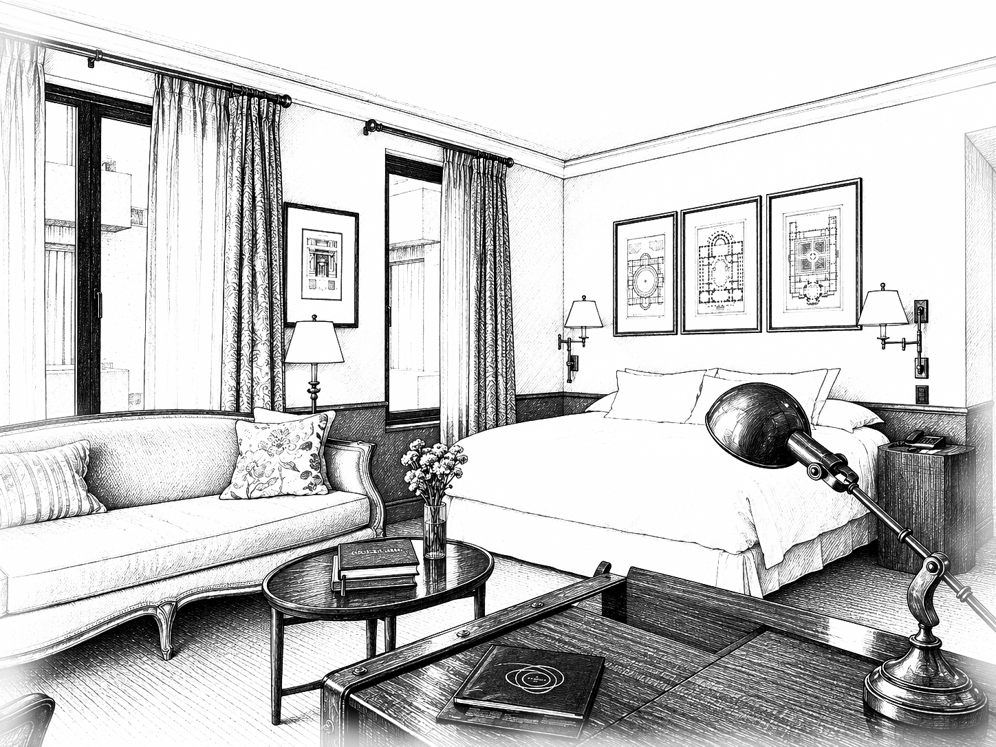 Detailed black-and-white illustration of an elegant hotel bedroom with a bed, sofa, framed art, and vintage telescope on a desk.
