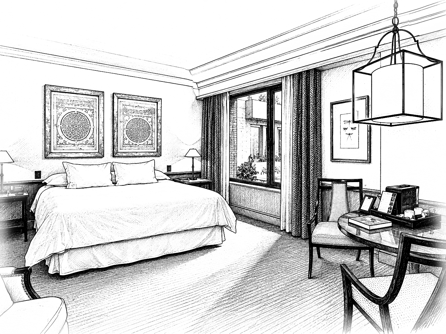 Sketch of an elegant hotel bedroom with a king bed, framed artwork, large window, patterned curtains, and a seating area.