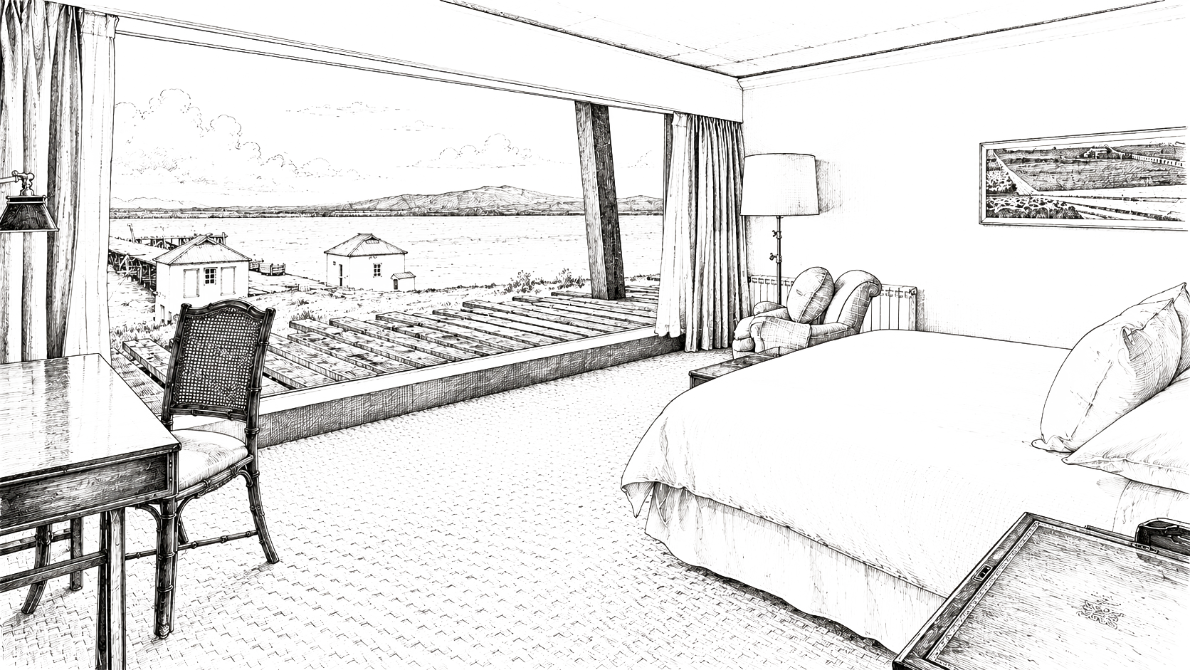 THE SINGULAR KING_kingilust Black-and-white sketch of a coastal hotel room with a bed, armchair, desk, and expansive sea view through floor-to-ceiling windows.