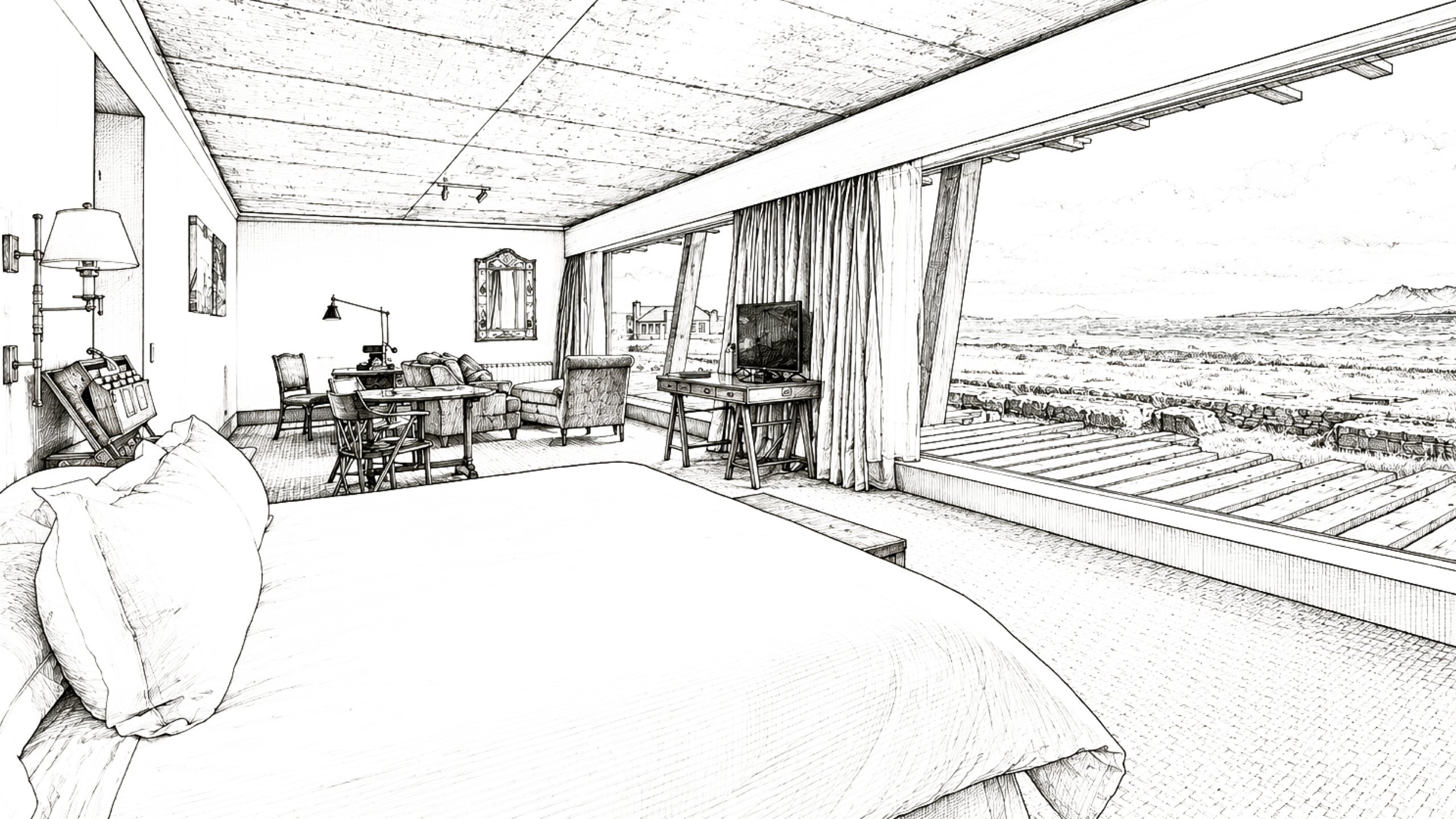 THE SINGULAR SUITE_suiteilust Black-and-white architectural sketch of a modern beach house interior opening onto a wooden deck and coastal landscape.