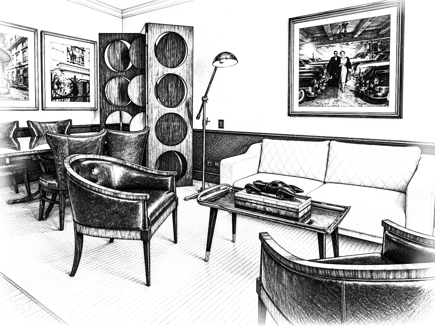 Black-and-white sketch of a retro living room with a tufted sofa, leather chairs, coffee table, floor lamp, and framed art.