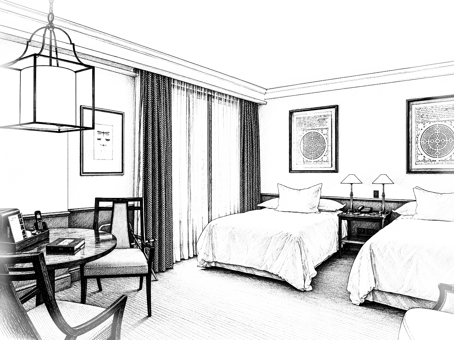 Illustration of an elegant hotel room with two beds, a round dining table, armchairs, framed art, and curtained windows.