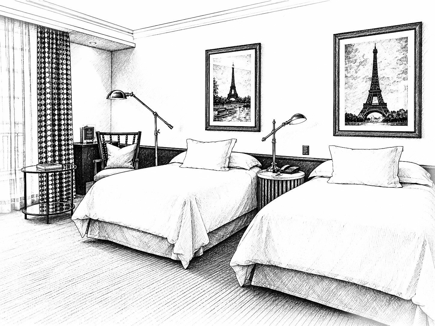 THE SINGULAR TWIN WITH BALCONY_twinbalconyilust Sketch of a Paris hotel room with two twin beds, bedside lamps, patterned curtains, and framed Eiffel Tower prints.