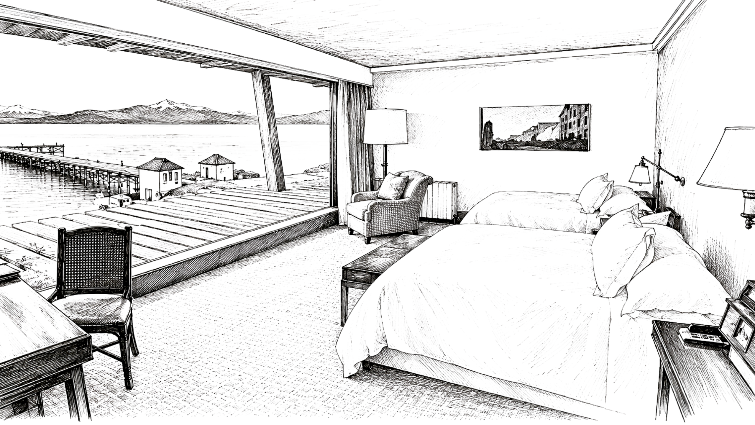 Black-and-white sketch of a seaside balcony with cushioned chairs, a table, and a wooden pier overlooking mountains and water.