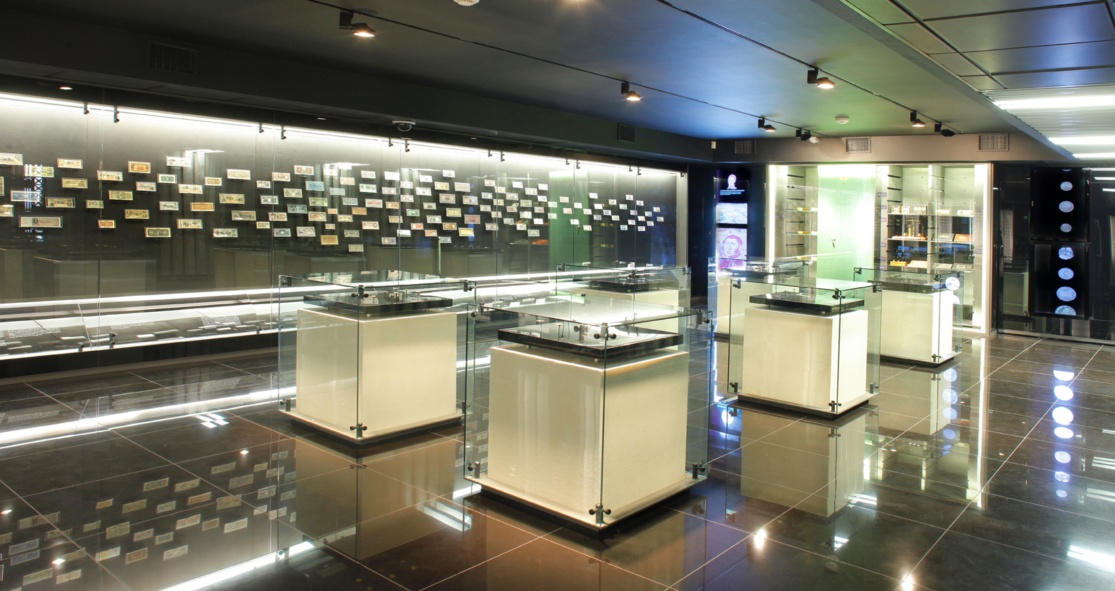 Modern museum gallery displaying historical banknotes in illuminated glass cases and wall-mounted exhibits.