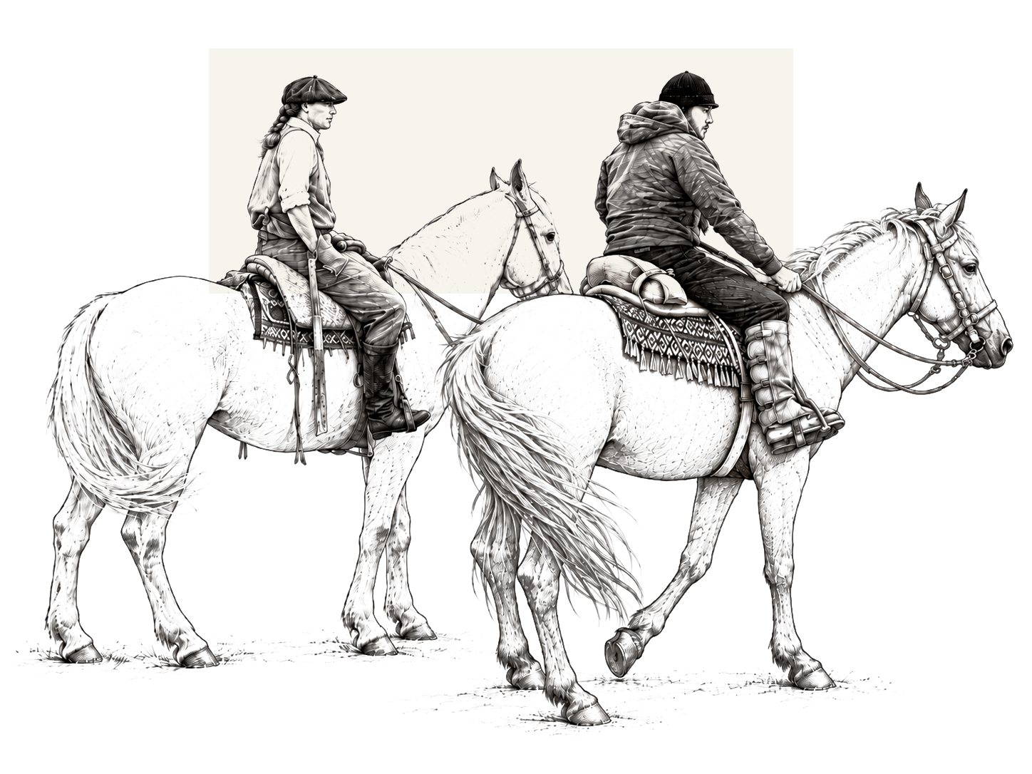 Black-and-white illustration of two riders in outdoor clothing seated on saddled horses, viewed from the side.