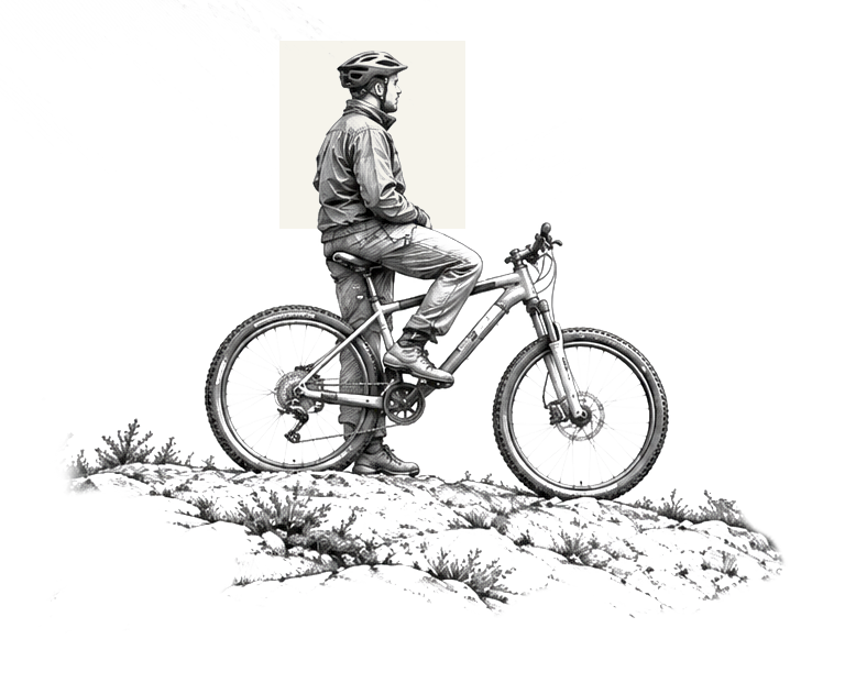 Black-and-white illustration of a helmeted cyclist sitting on a mountain bike atop a rocky trail.