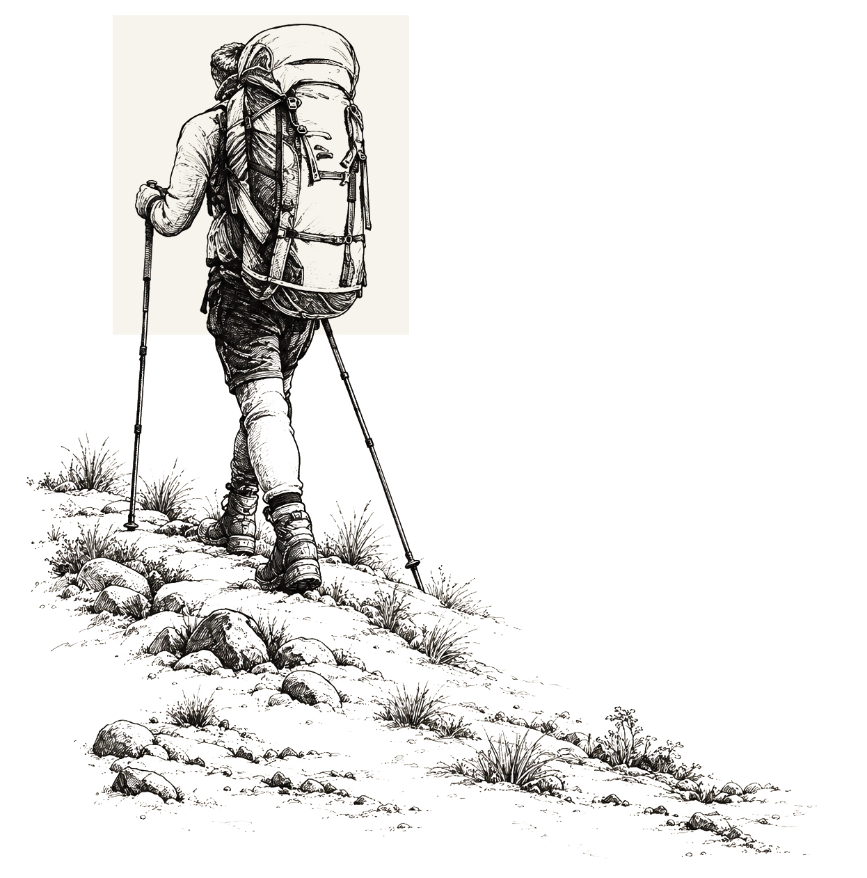 Pen-and-ink illustration of a backpacker hiking uphill over rocky terrain with trekking poles and a large pack.