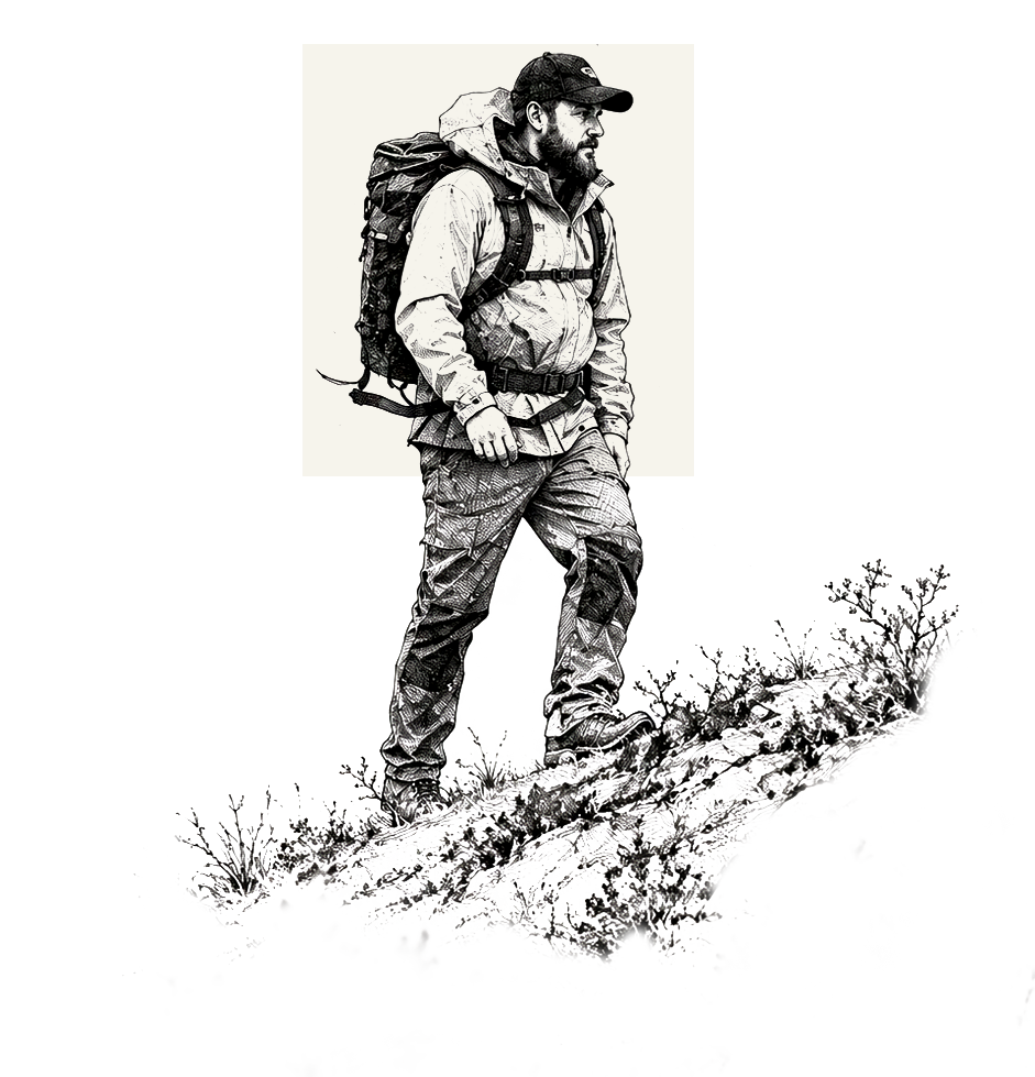 Black-and-white illustration of a bearded hiker with a large backpack climbing a rocky, brush-covered slope.