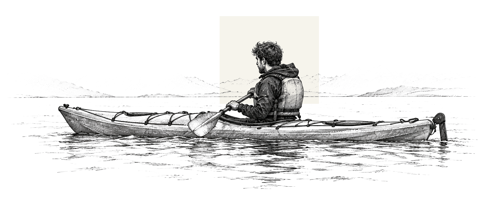 Black-and-white illustration of a kayaker paddling across a lake with mountains in the background.