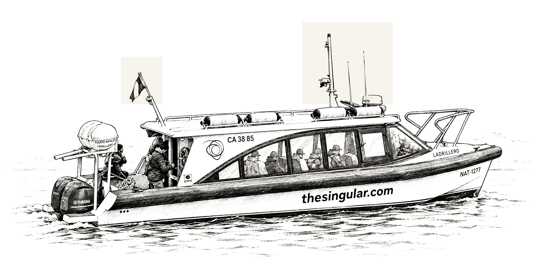 Illustration of a passenger boat carrying travelers across the water near Puerto Natales, Chile.