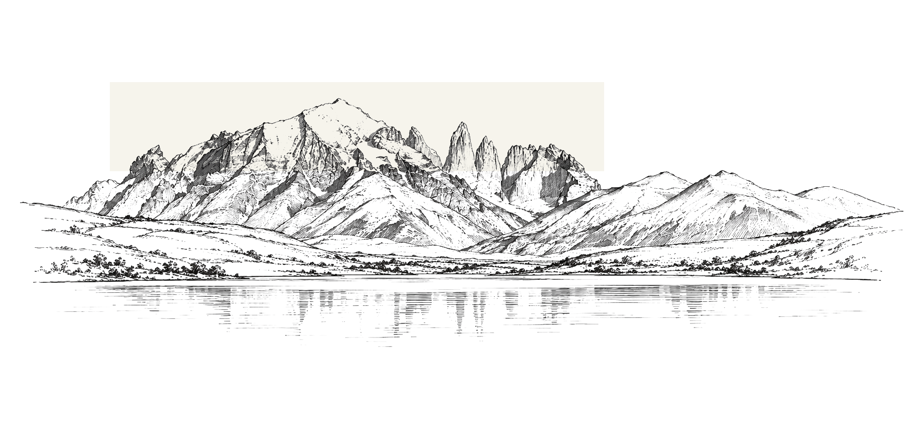 excscenicok Black-and-white line drawing of a rugged mountain range reflected in a calm lake, with a pale beige rectangle behind the peaks.