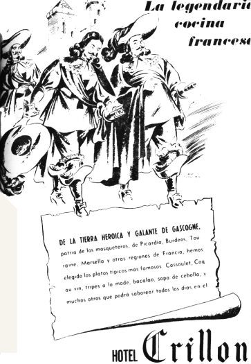Vintage black-and-white illustration of a medieval procession above a French hotel advertisement for Hôtel Crillon