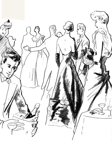 Black-and-white illustration of a group of people in elaborate historical clothing, gathered in a room with a table and furniture.