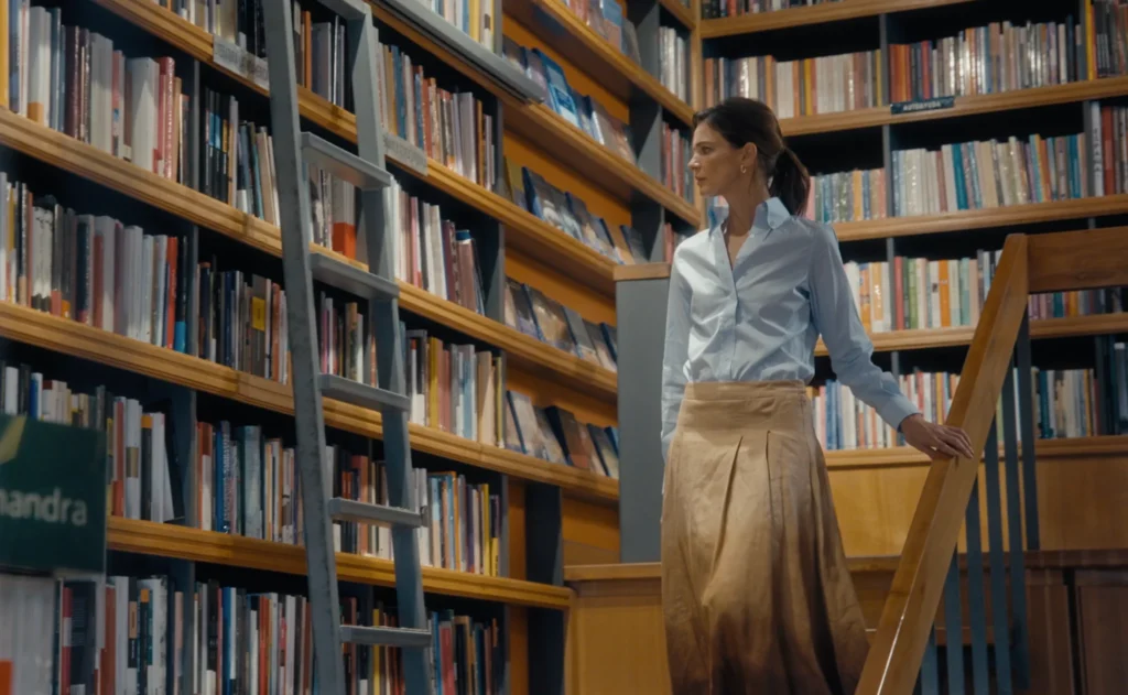 Woman browsing books in a library, standing beside a wooden rolling ladder and tall bookshelves.