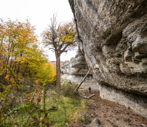 Hiker walks beneath a towering limestone cliff beside autumn trees on a rugged woodland trail.
