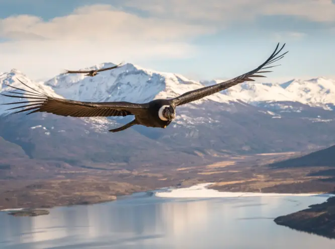 A condor glides over a lake and valley, with snow-covered mountains and another condor in the distance.